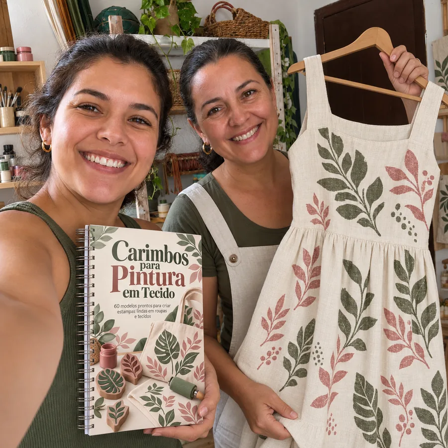 Criadoras mostrando o material e uma peça estampada